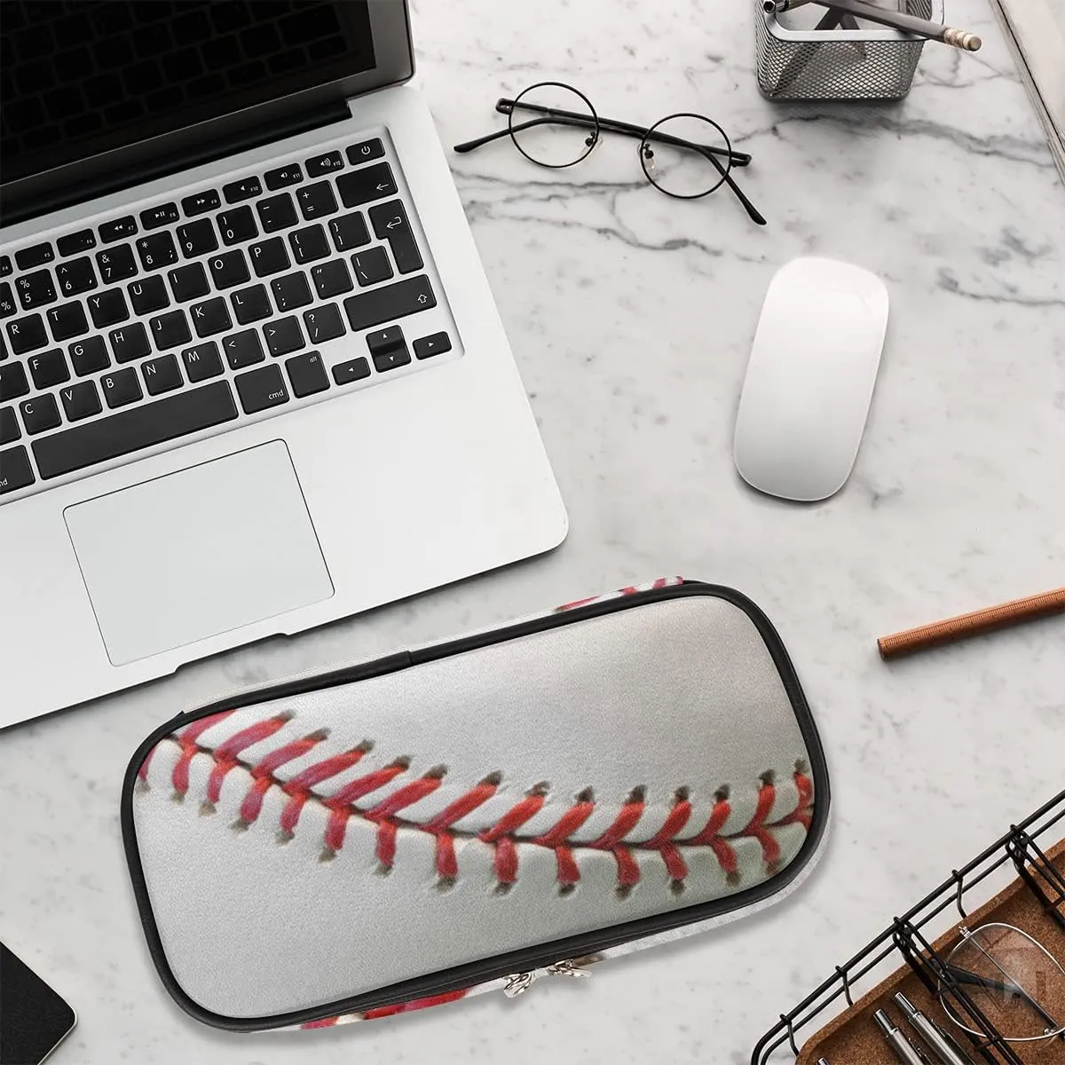 Baseball Print Big Capacity Pencil Pen Case Sport Large Pencil Pouch with Zipper Compartments Pencil Bag for Boys Girls Adults Student Office School Supplies