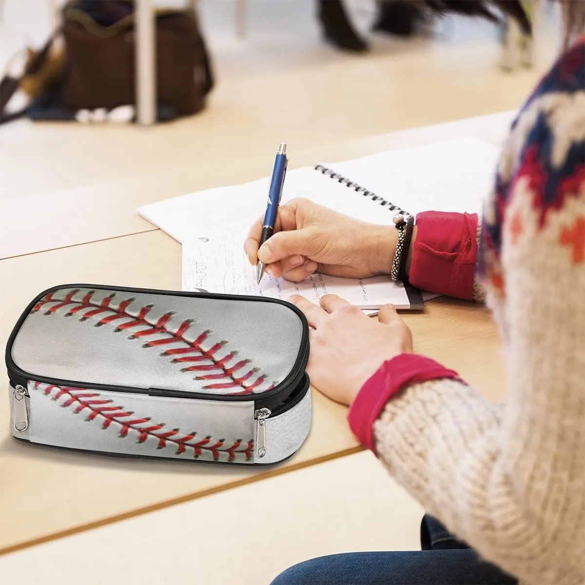 Baseball Print Big Capacity Pencil Pen Case Sport Large Pencil Pouch with Zipper Compartments Pencil Bag for Boys Girls Adults Student Office School Supplies