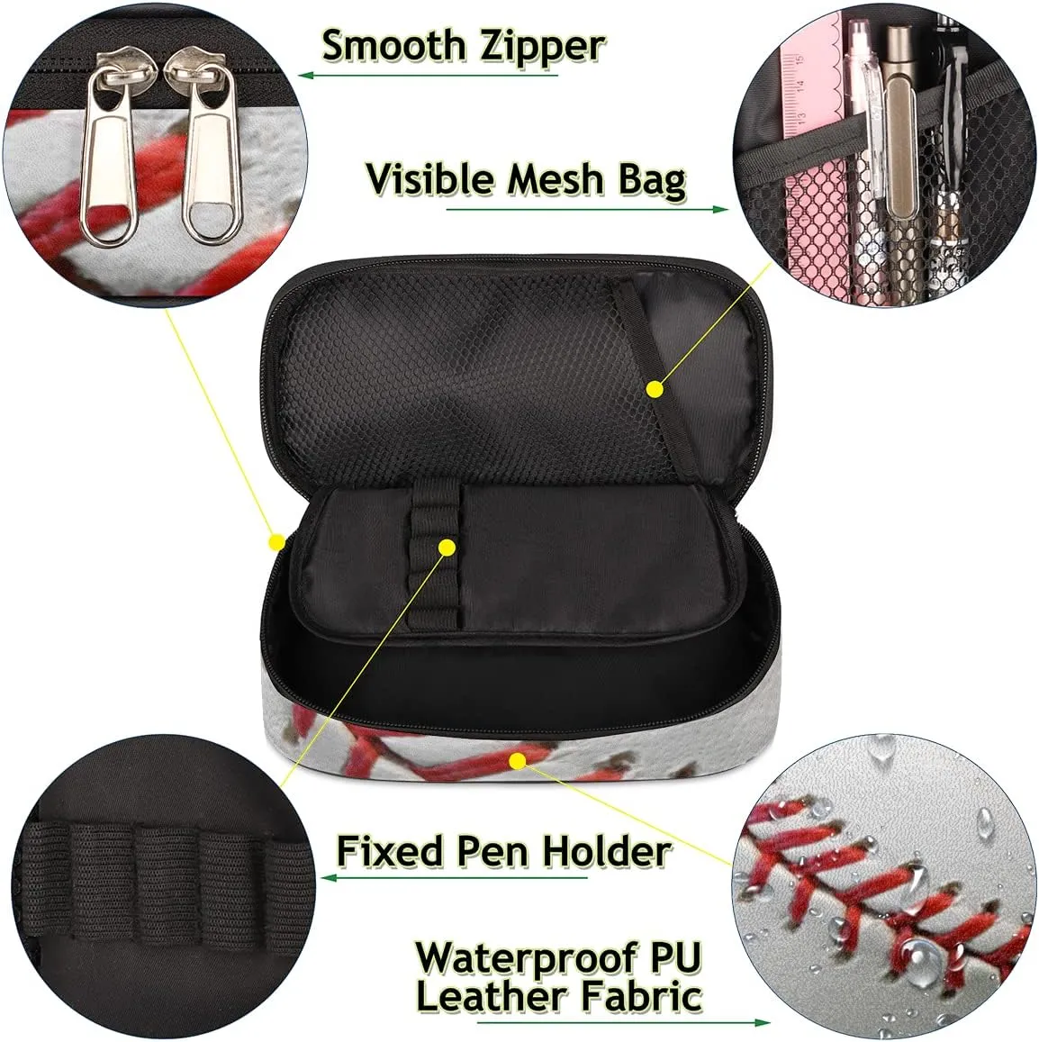 Baseball Print Big Capacity Pencil Pen Case Sport Large Pencil Pouch with Zipper Compartments Pencil Bag for Boys Girls Adults Student Office School Supplies