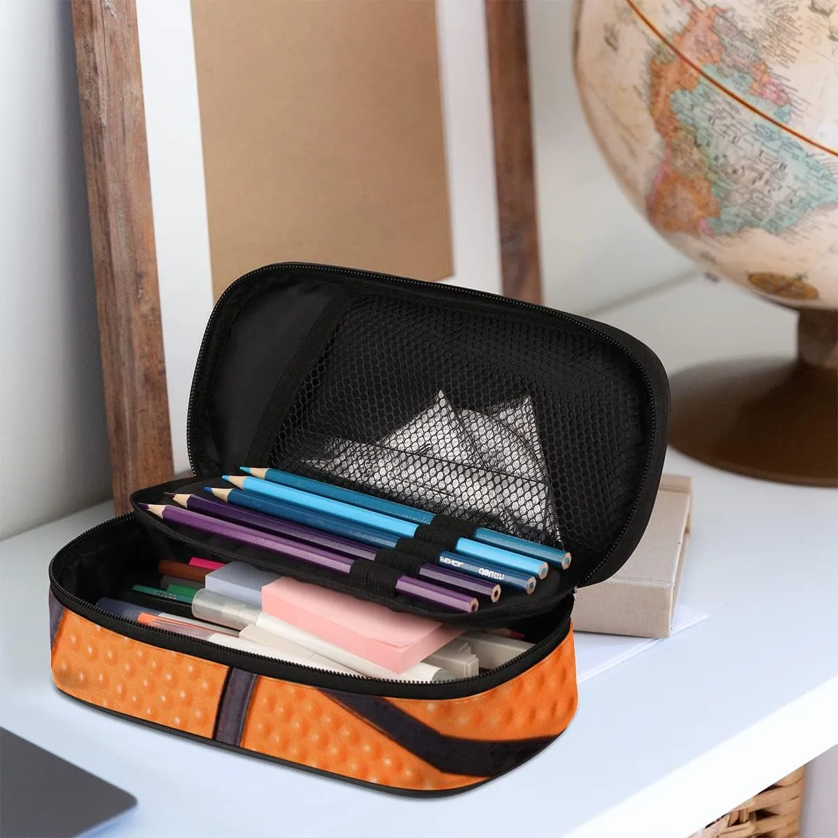 Basketball Big Capacity Pencil Pen Case Basketball Sport Large Pencil Pouch with Zipper Compartments Pencil Bag for Boys Girls Adults Student Office School Supplies