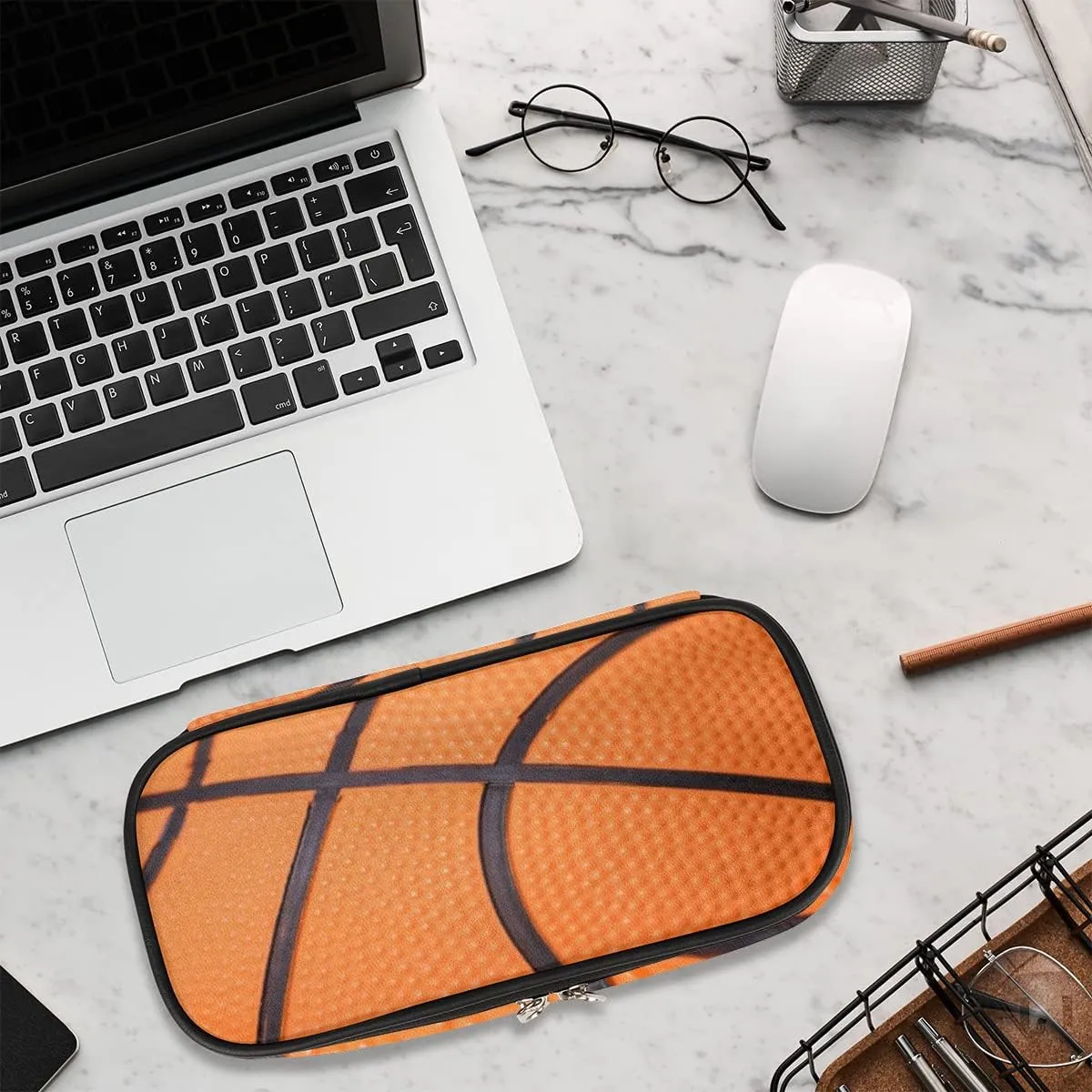 Basketball Big Capacity Pencil Pen Case Basketball Sport Large Pencil Pouch with Zipper Compartments Pencil Bag for Boys Girls Adults Student Office School Supplies