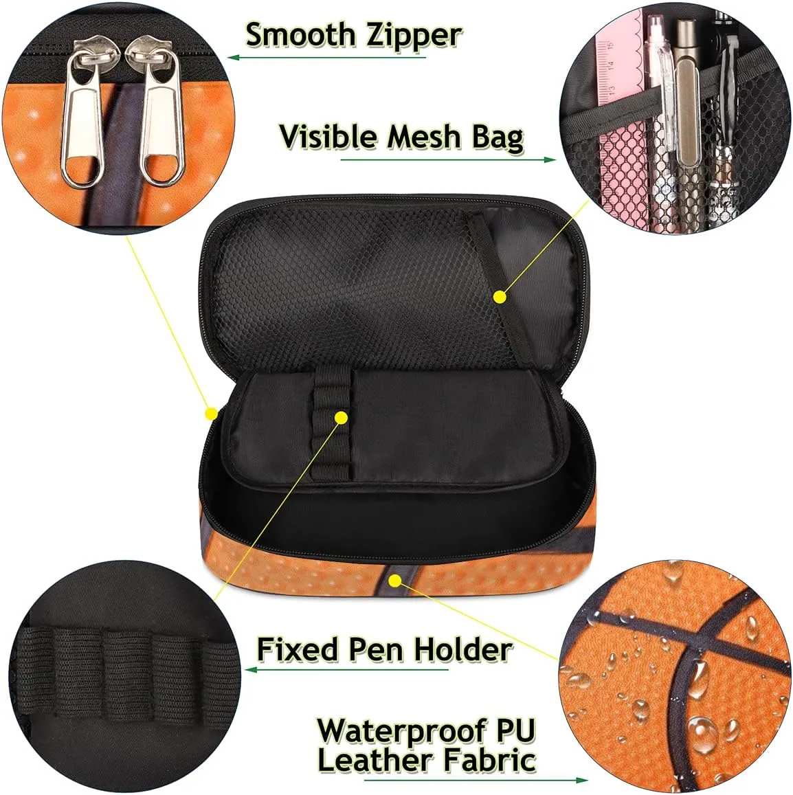 Basketball Big Capacity Pencil Pen Case Basketball Sport Large Pencil Pouch with Zipper Compartments Pencil Bag for Boys Girls Adults Student Office School Supplies