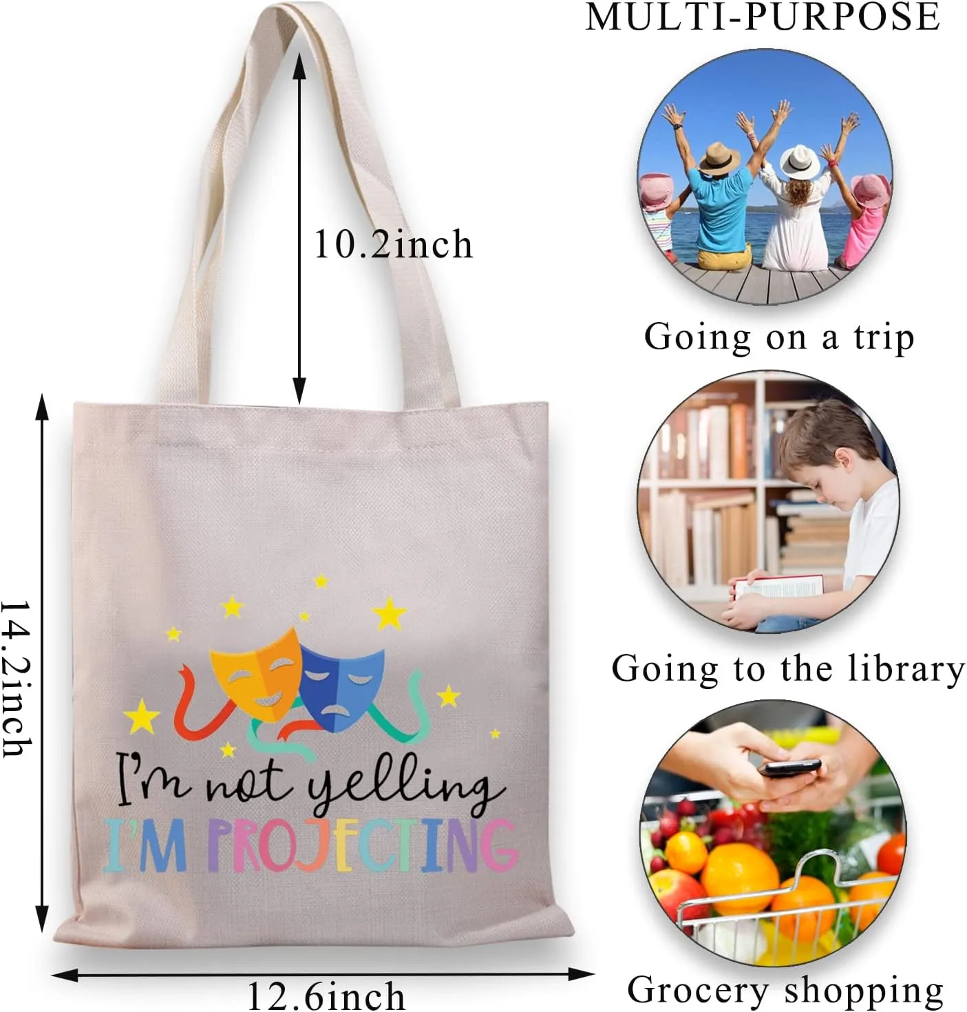 BDPWSS Theatre Tote Bag Drama Actor Actress Gift Comedy Tragedy Mask Theatre Bag I'm Not Yelling I'm Projecting Travel Pouch