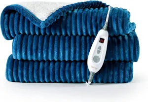 Bearhug Electric Blanket Heated Throw, 50"x60" Ribbed Flannel & Sherpa Fast Heating Blanket, 6 Heating Levels & 4H Auto Off, Over-Heat Protect, ETL, Machine Washable
