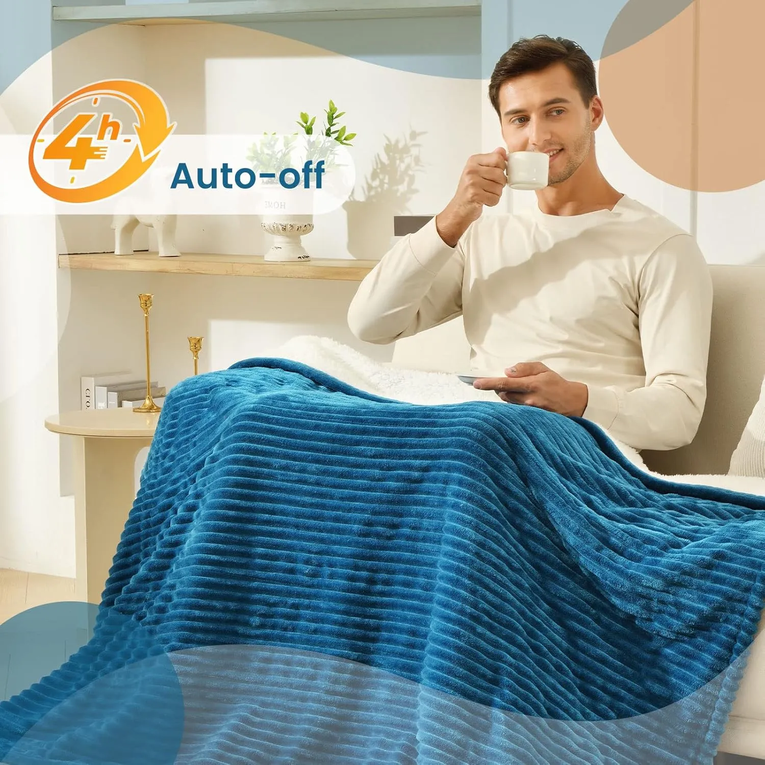 Bearhug Electric Blanket Heated Throw, 50"x60" Ribbed Flannel & Sherpa Fast Heating Blanket, 6 Heating Levels & 4H Auto Off, Over-Heat Protect, ETL, Machine Washable
