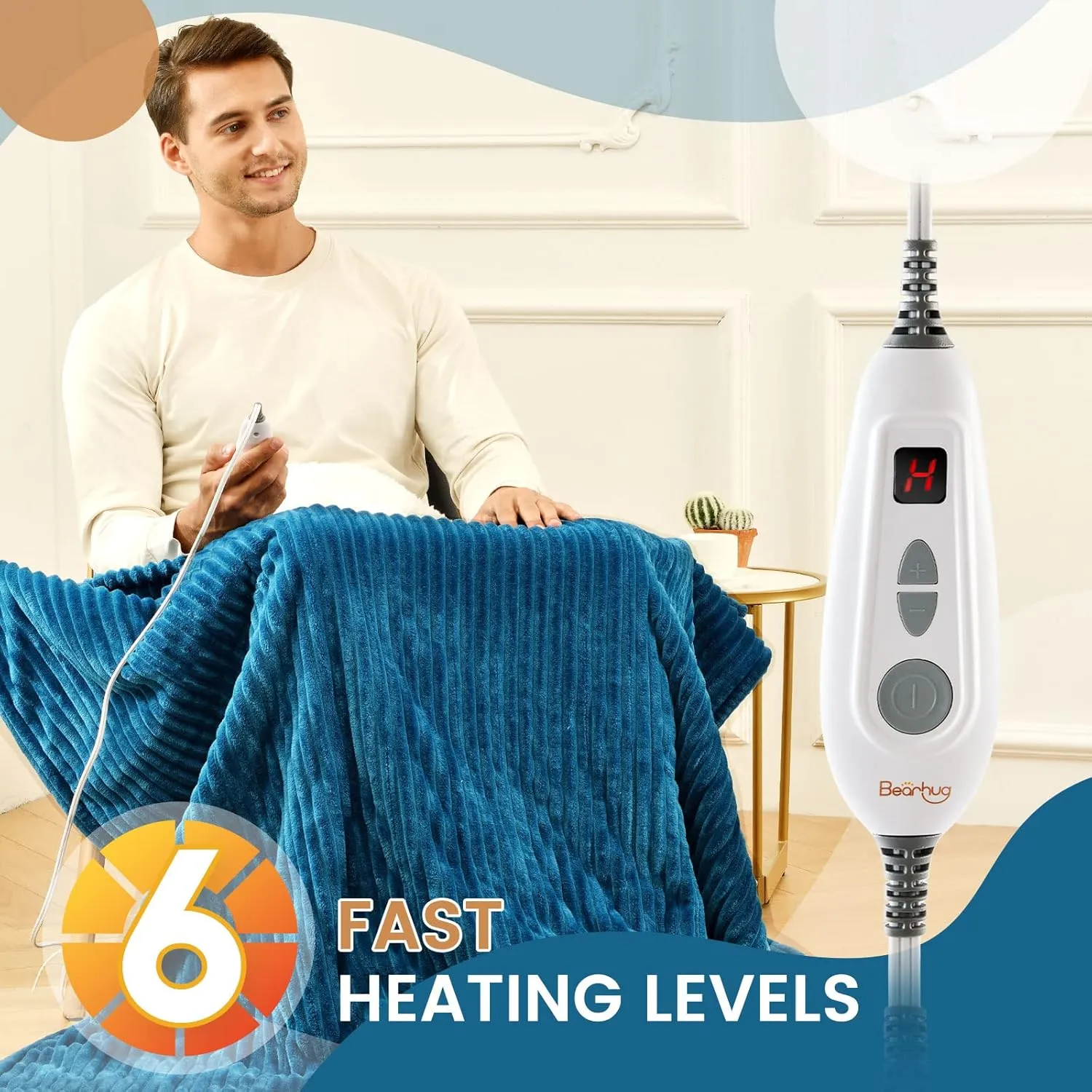 Bearhug Electric Blanket Heated Throw, 50"x60" Ribbed Flannel & Sherpa Fast Heating Blanket, 6 Heating Levels & 4H Auto Off, Over-Heat Protect, ETL, Machine Washable