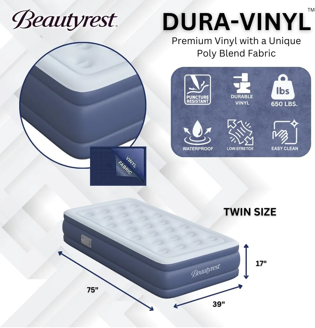 Beautyrest 17" Supreme Air Auto Shut-Off Air Mattress with Built-in SureLock Pump, Puncture-Resistant Dura-Vinyl, Raised Edge Support, Supports 650 lbs, Best for Home, Camping, Guests, Twin