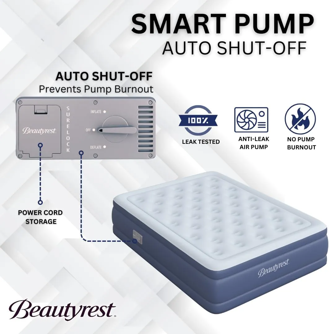 Beautyrest 17" Supreme Air Auto Shut-Off Air Mattress with Built-in SureLock Pump, Puncture-Resistant Dura-Vinyl, Raised Edge Support, Supports 650 lbs, Best for Home, Camping, Guests, Twin