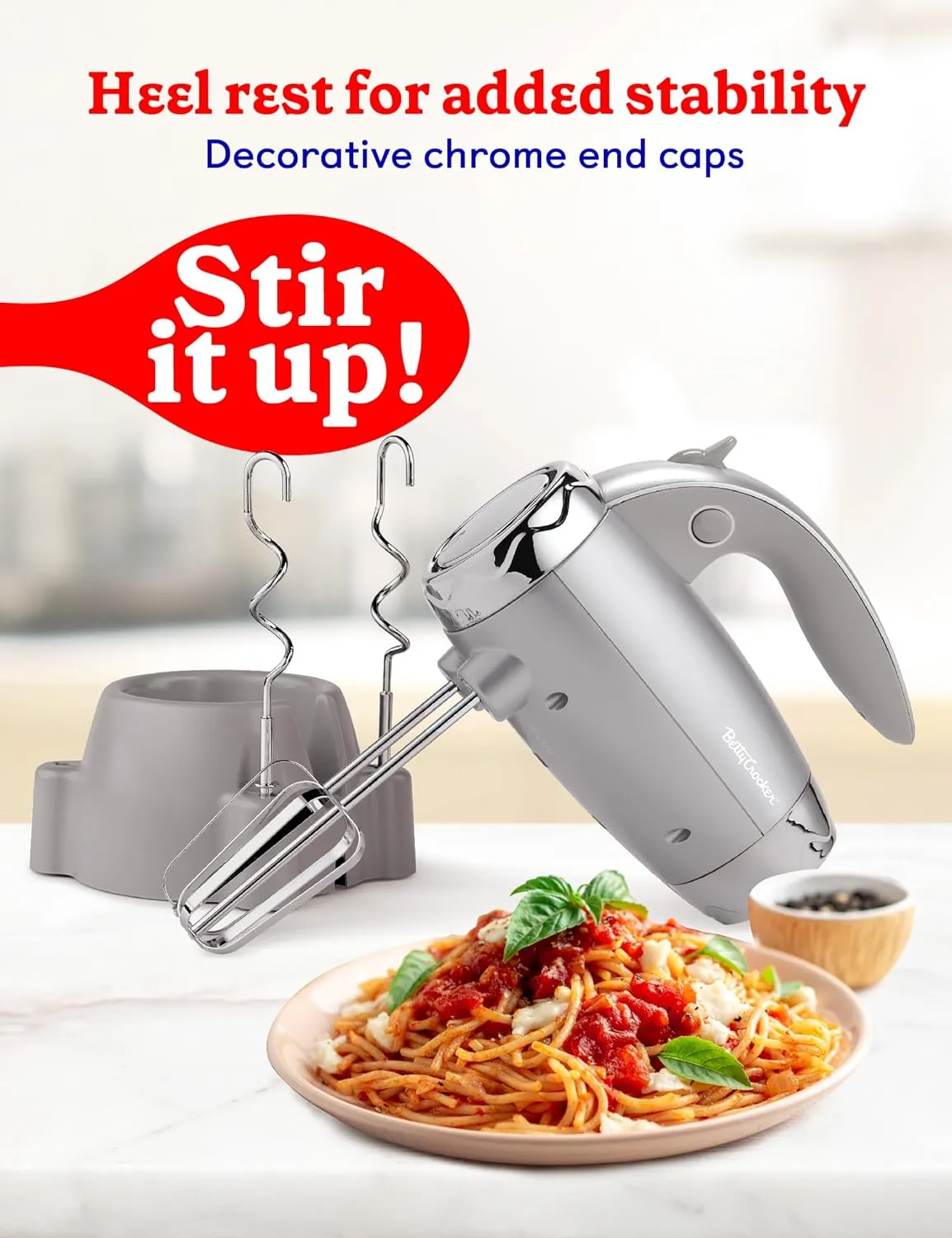 BETTY CROCKER Hand Blender 7 Speed, 250 Watt Electric Mixer with Beaters and Dough Hooks, Ergonomic Electric Hand Mixer for Home & Kitchen with Stand and Soft Touch Handle, Silver