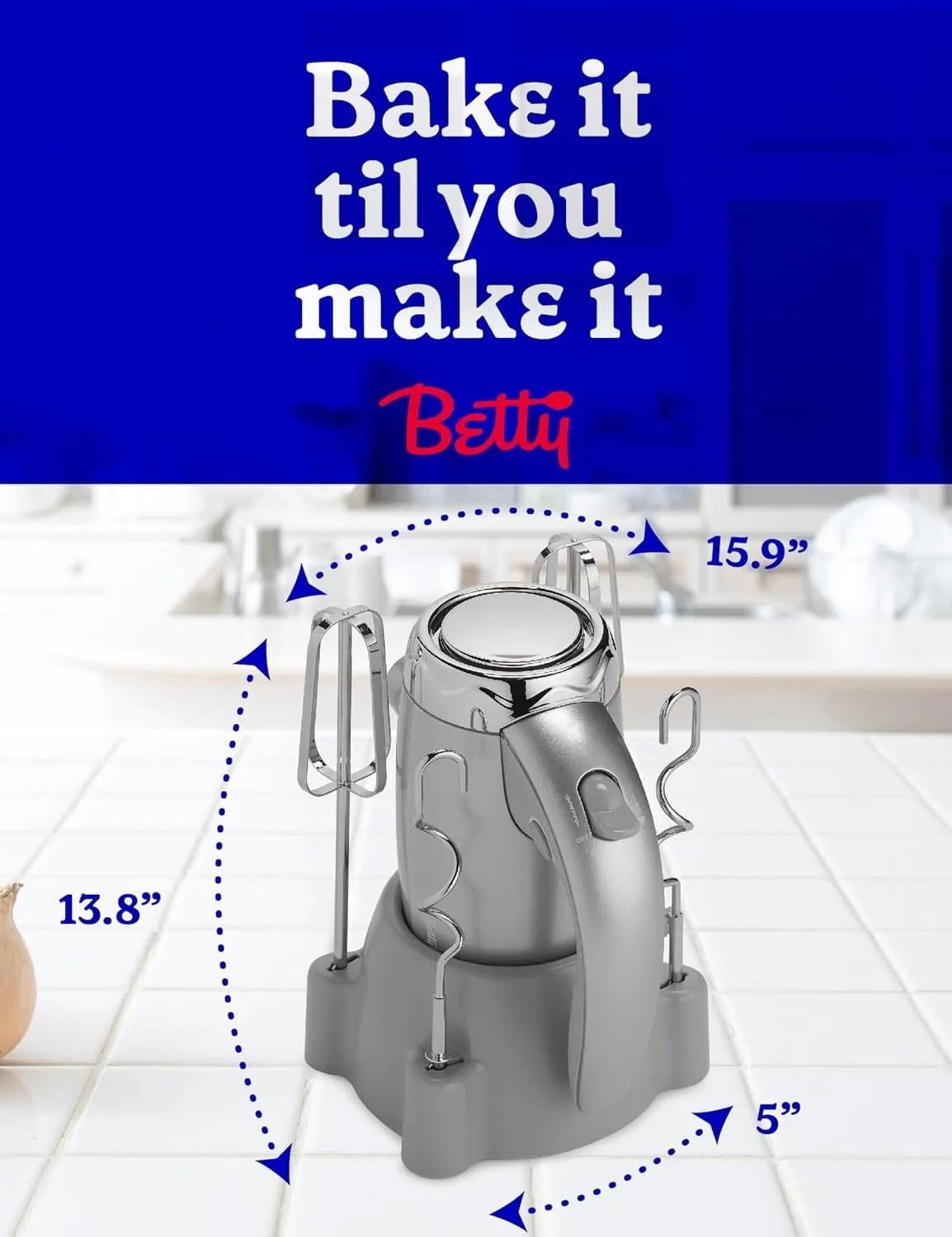 BETTY CROCKER Hand Blender 7 Speed, 250 Watt Electric Mixer with Beaters and Dough Hooks, Ergonomic Electric Hand Mixer for Home & Kitchen with Stand and Soft Touch Handle, Silver