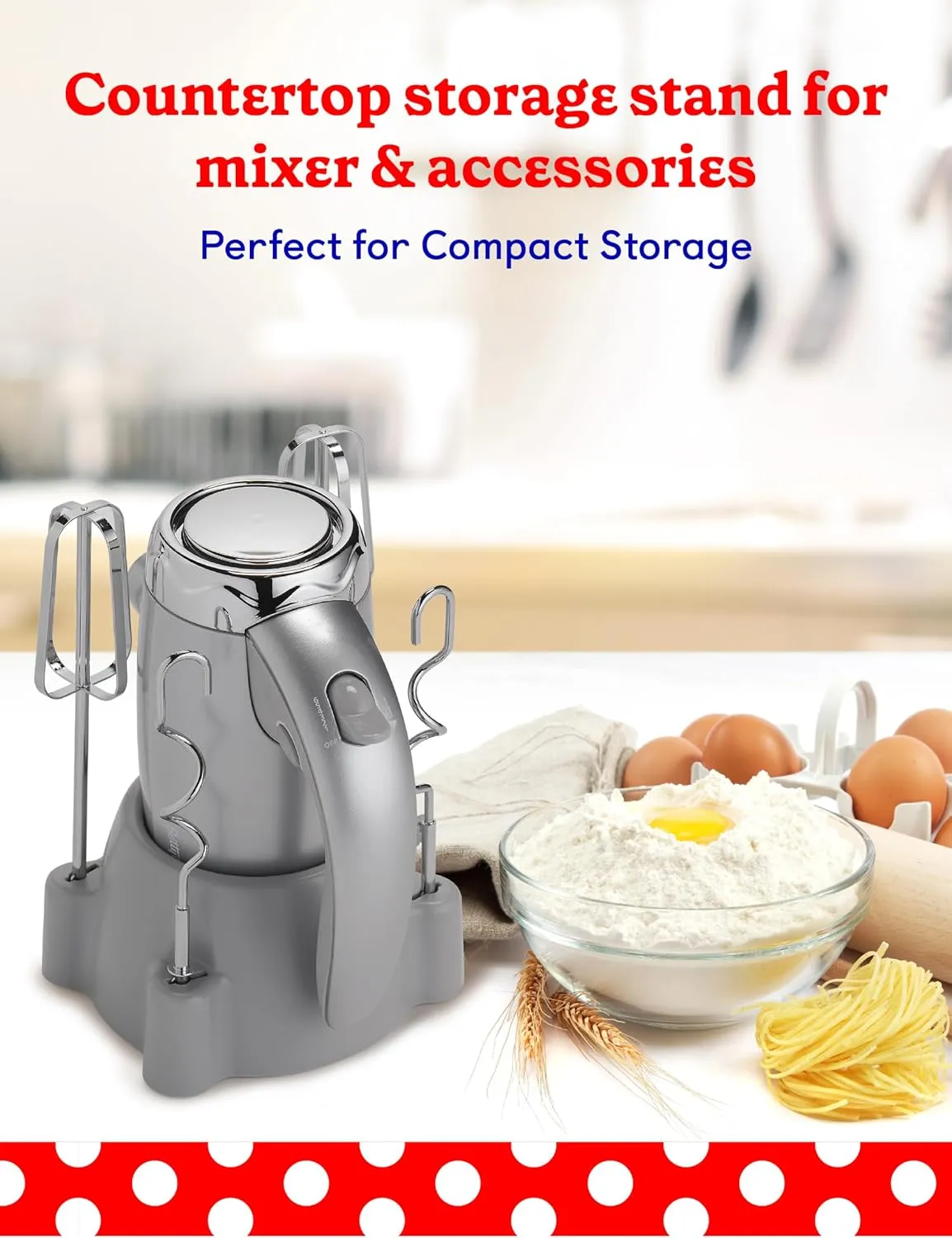 BETTY CROCKER Hand Blender 7 Speed, 250 Watt Electric Mixer with Beaters and Dough Hooks, Ergonomic Electric Hand Mixer for Home & Kitchen with Stand and Soft Touch Handle, Silver