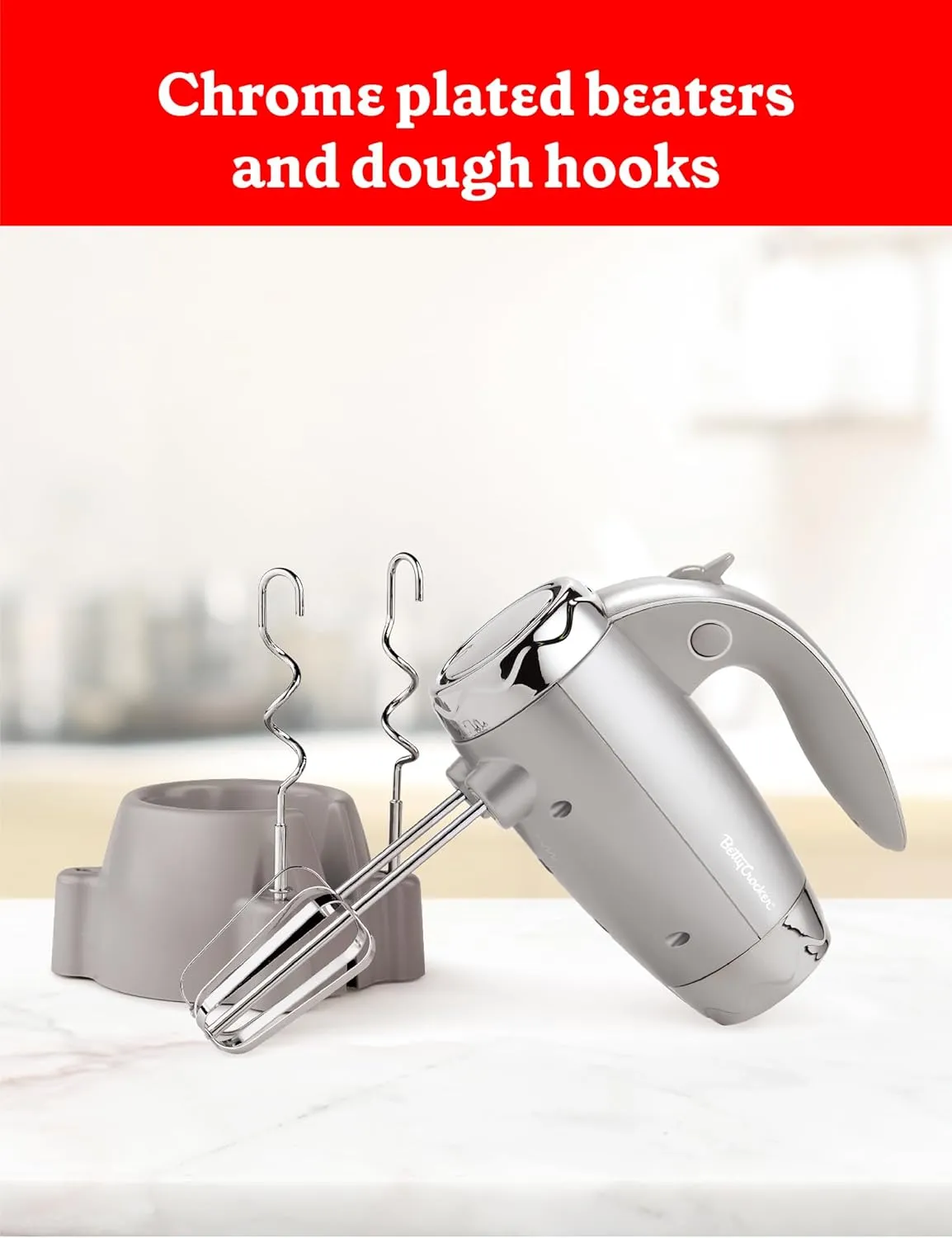BETTY CROCKER Hand Blender 7 Speed, 250 Watt Electric Mixer with Beaters and Dough Hooks, Ergonomic Electric Hand Mixer for Home & Kitchen with Stand and Soft Touch Handle, Silver