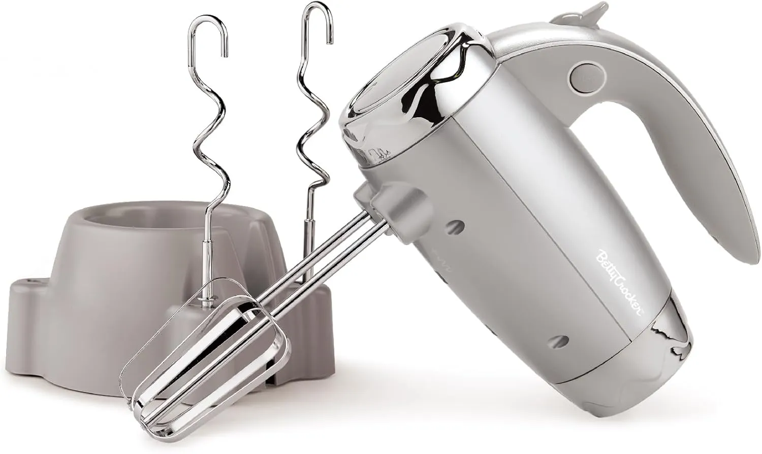 BETTY CROCKER Hand Blender 7 Speed, 250 Watt Electric Mixer with Beaters and Dough Hooks, Ergonomic Electric Hand Mixer for Home & Kitchen with Stand and Soft Touch Handle, Silver