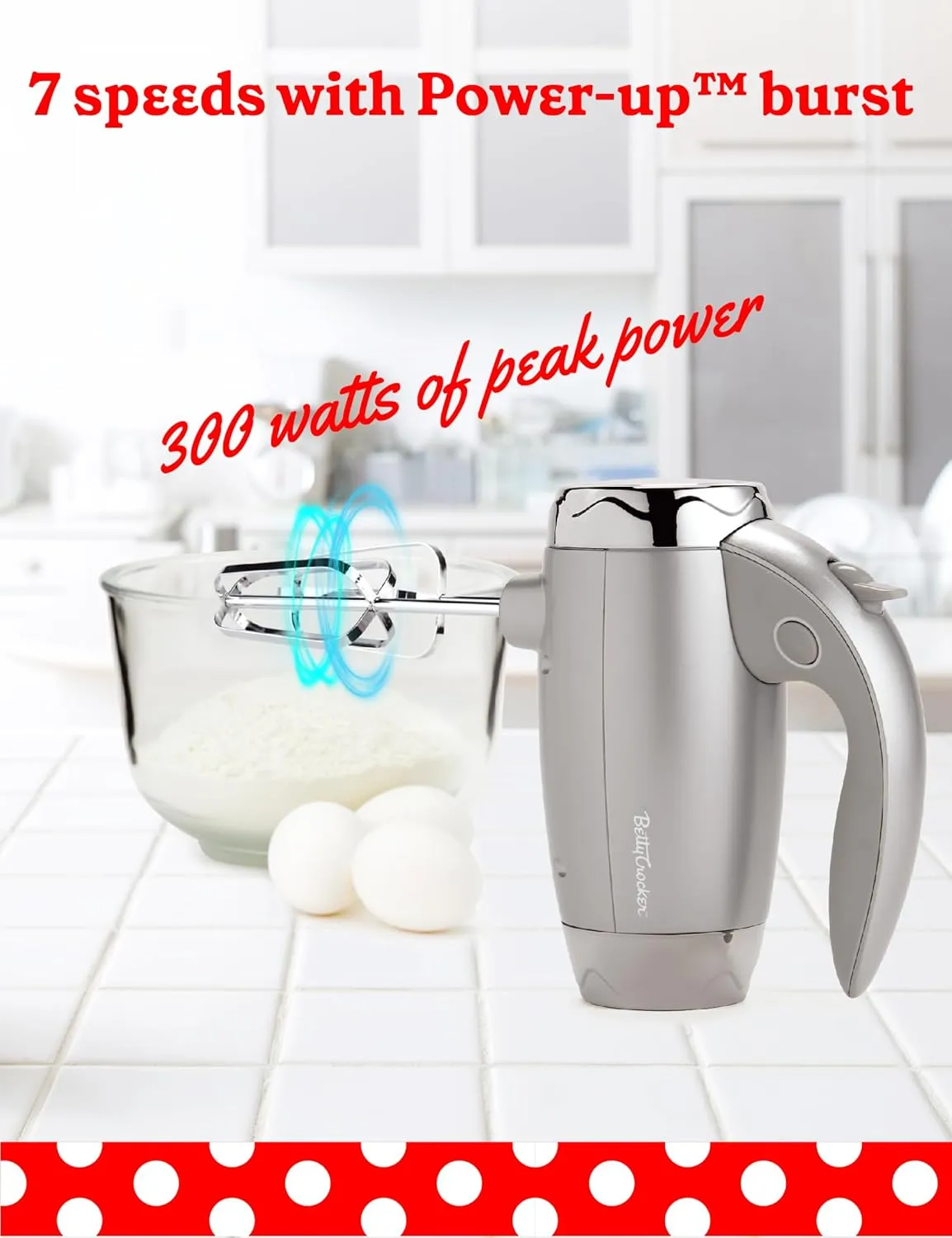 BETTY CROCKER Hand Blender 7 Speed, 250 Watt Electric Mixer with Beaters and Dough Hooks, Ergonomic Electric Hand Mixer for Home & Kitchen with Stand and Soft Touch Handle, Silver