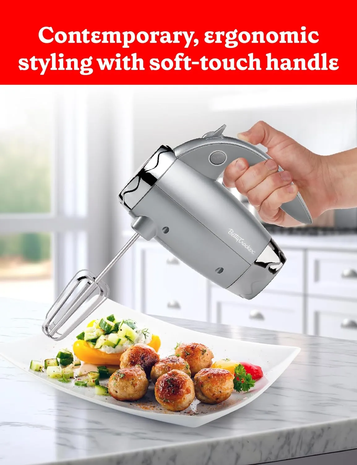 BETTY CROCKER Hand Blender 7 Speed, 250 Watt Electric Mixer with Beaters and Dough Hooks, Ergonomic Electric Hand Mixer for Home & Kitchen with Stand and Soft Touch Handle, Silver