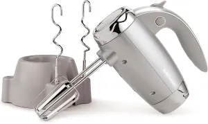 BETTY CROCKER Hand Blender 7 Speed, 250 Watt Electric Mixer with Beaters and Dough Hooks, Ergonomic Electric Hand Mixer for Home & Kitchen with Stand and Soft Touch Handle, Silver