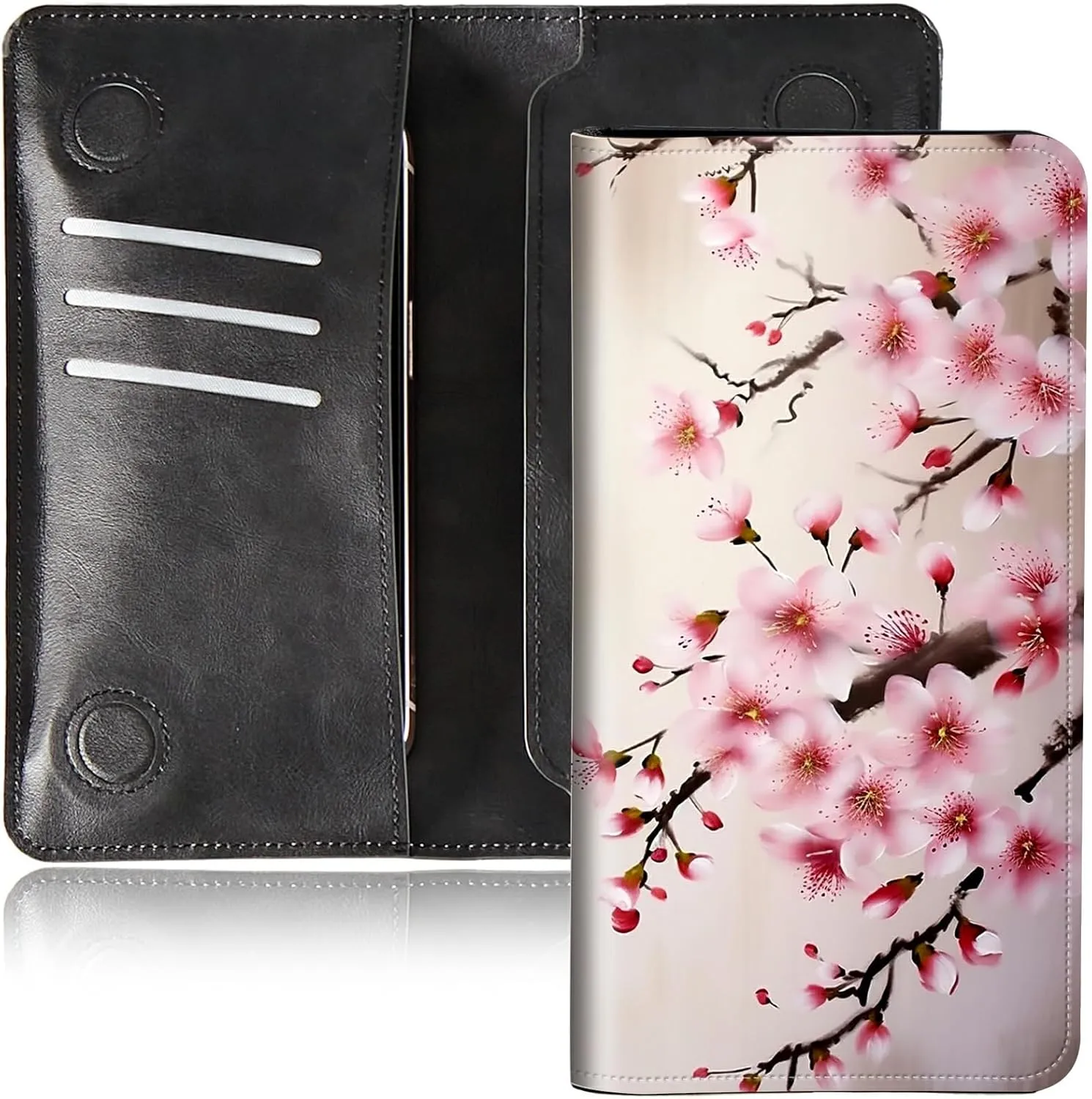 Bifold Wallet for Men Women,Dual Magnetic Clasp Closure PU Leather Long Wallet Clutch Bag with RFID Blocking Money Phone Pockets   Card Slots,Cherry Blossom