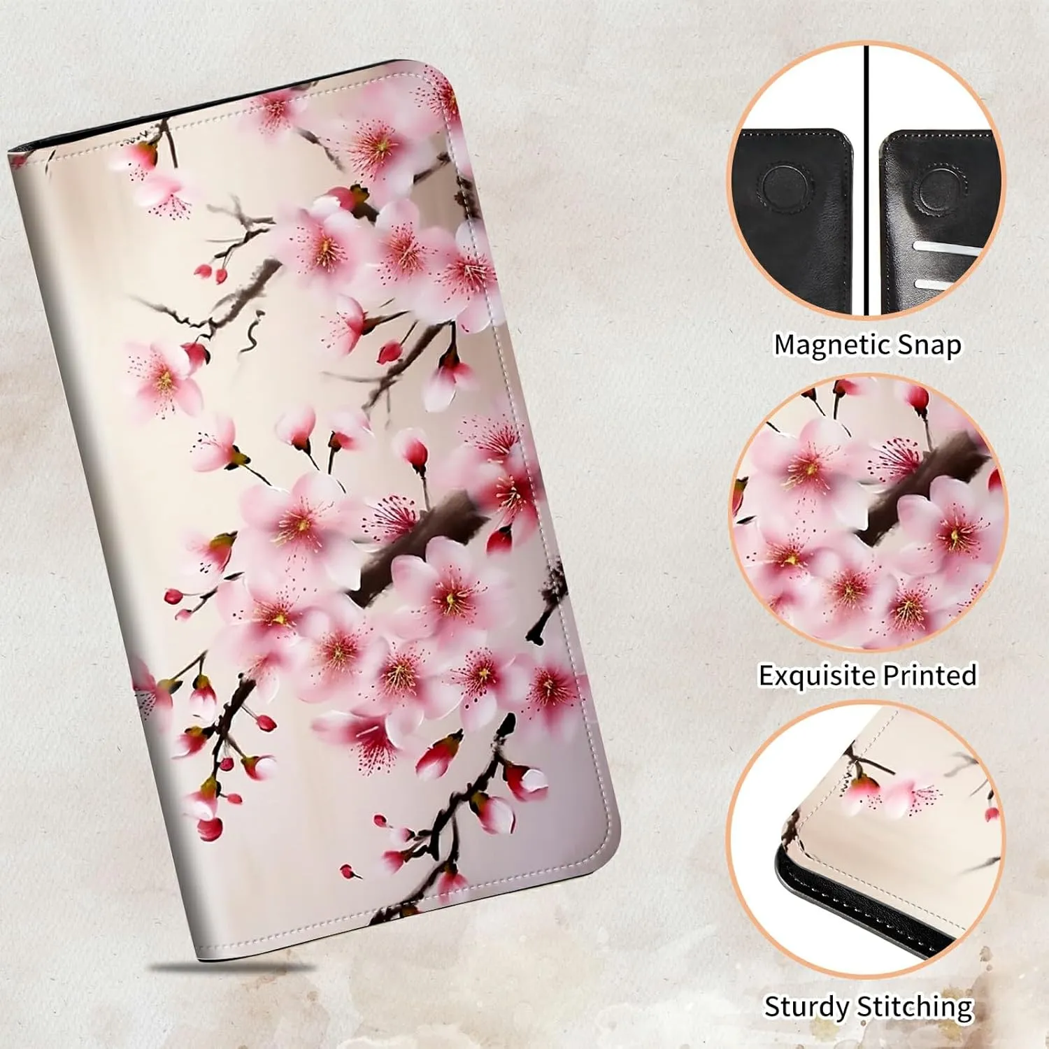 Bifold Wallet for Men Women,Dual Magnetic Clasp Closure PU Leather Long Wallet Clutch Bag with RFID Blocking Money Phone Pockets   Card Slots,Cherry Blossom