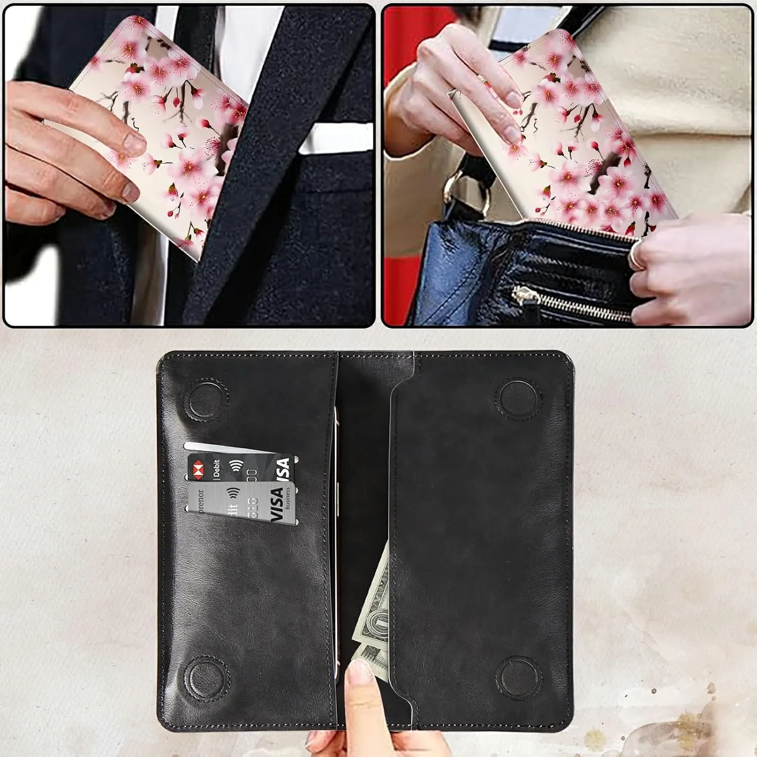 Bifold Wallet for Men Women,Dual Magnetic Clasp Closure PU Leather Long Wallet Clutch Bag with RFID Blocking Money Phone Pockets   Card Slots,Cherry Blossom