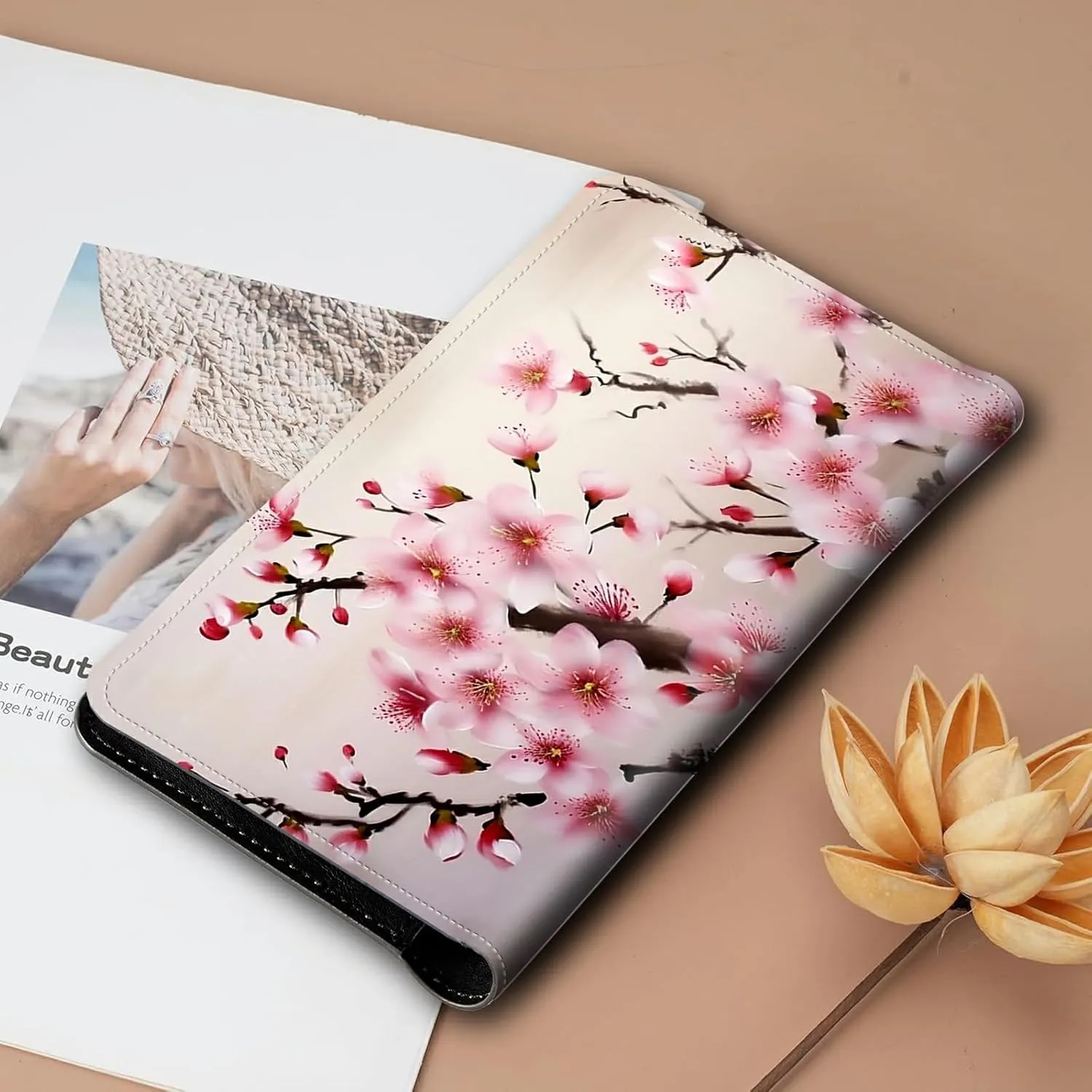 Bifold Wallet for Men Women,Dual Magnetic Clasp Closure PU Leather Long Wallet Clutch Bag with RFID Blocking Money Phone Pockets   Card Slots,Cherry Blossom
