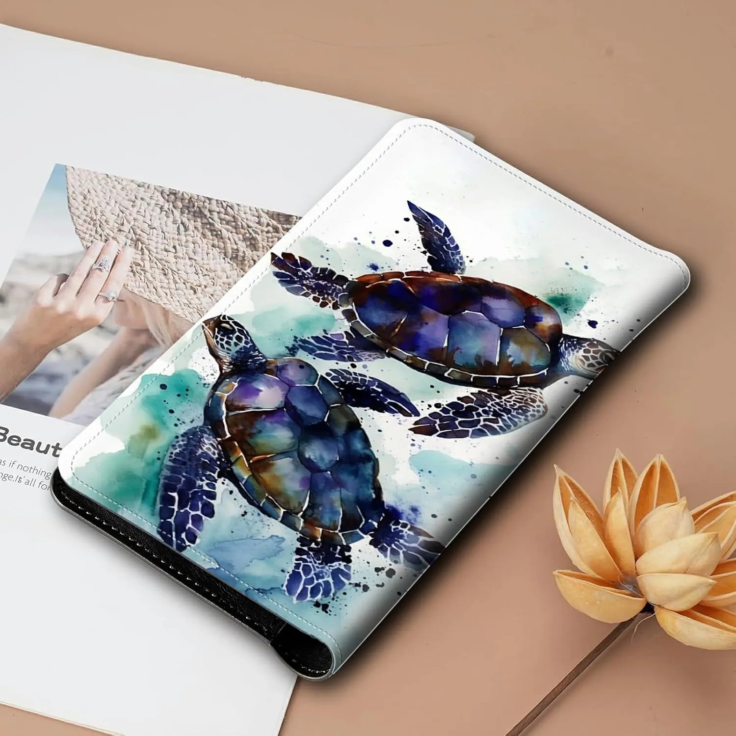 Bifold Wallet for Men Women,Dual Magnetic Clasp Closure PU Leather Long Wallet Clutch Bag with RFID Blocking Money Phone Pockets   Card Slots,Sea Turtle