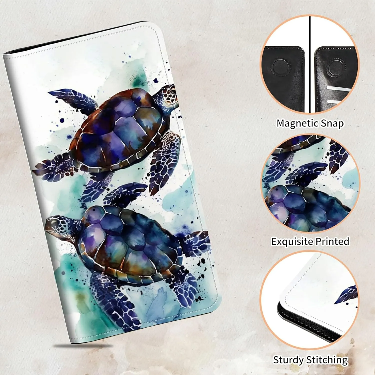 Bifold Wallet for Men Women,Dual Magnetic Clasp Closure PU Leather Long Wallet Clutch Bag with RFID Blocking Money Phone Pockets   Card Slots,Sea Turtle