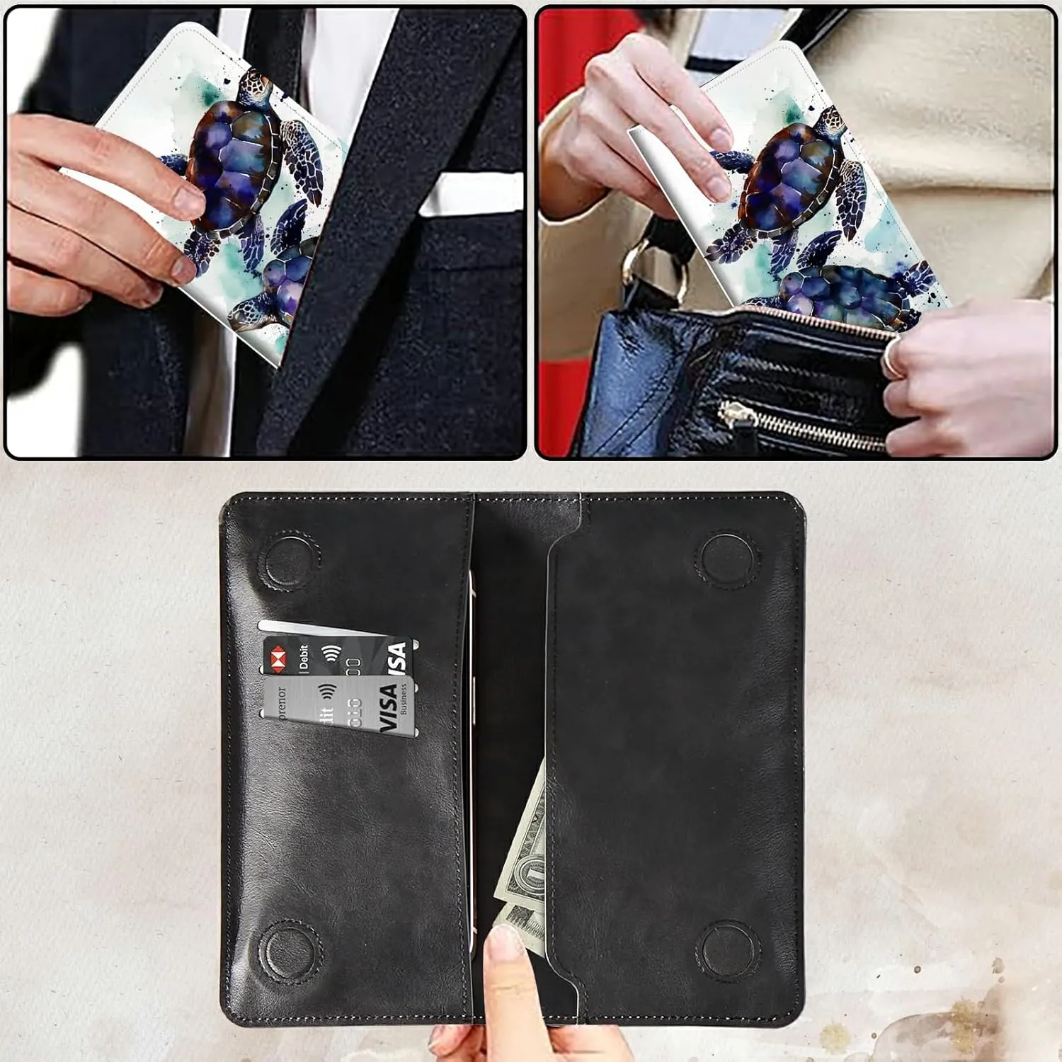 Bifold Wallet for Men Women,Dual Magnetic Clasp Closure PU Leather Long Wallet Clutch Bag with RFID Blocking Money Phone Pockets   Card Slots,Sea Turtle