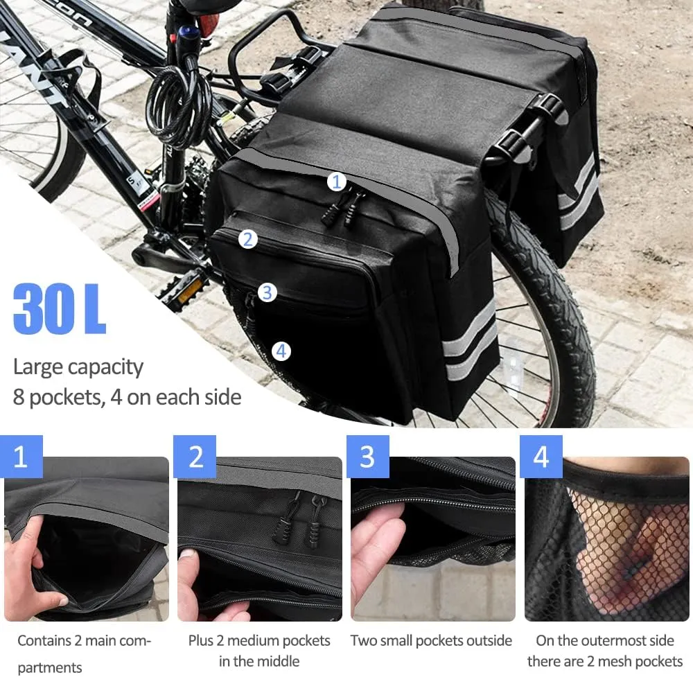 Bike Rear Rack Double Pannier Bag, 30L Waterproof Bicycle Trunk Bag, Bike Pannier Bag with Reflective Trim, for Grocery Shopping Commuter Long Cycling Trip (Black)
