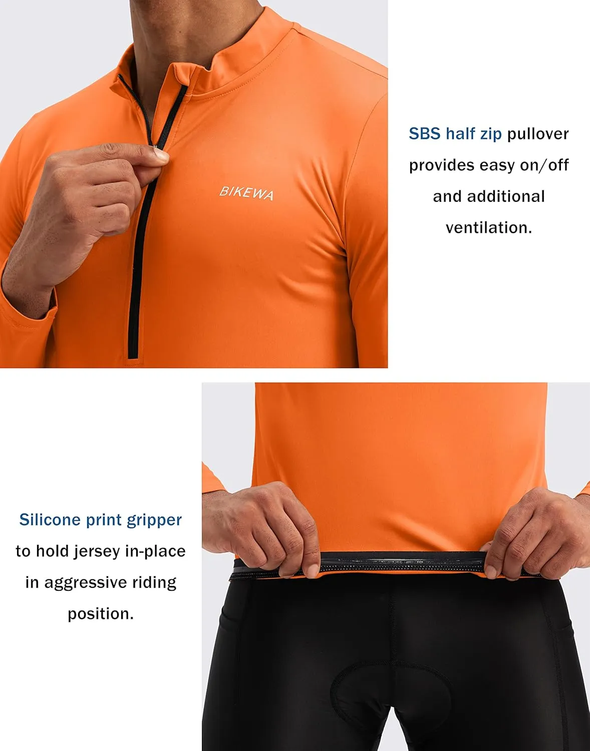 Bikewa Men's Cycling Jersey with 3 1 Rear Zipper Pockets Long Sleeve Moisture Wicking UPF 50  Half Zip Riding Bike Shirts