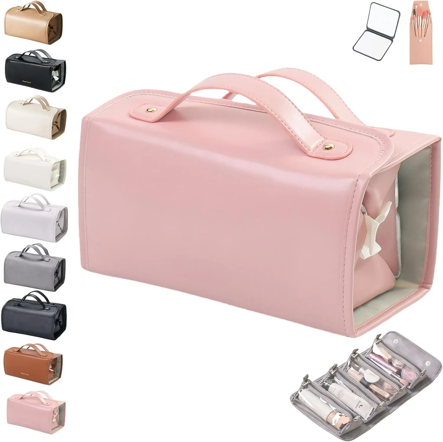 Binozinco Cosmetic Bag, Leather Waterproof Cosmetic Bag Detachable 4 In 1, Large Capacity Cosmetic Travel Bag for Women, Roll Up Portable Makeup Bag with Divider and Handle for Makeup Nail (Pink)