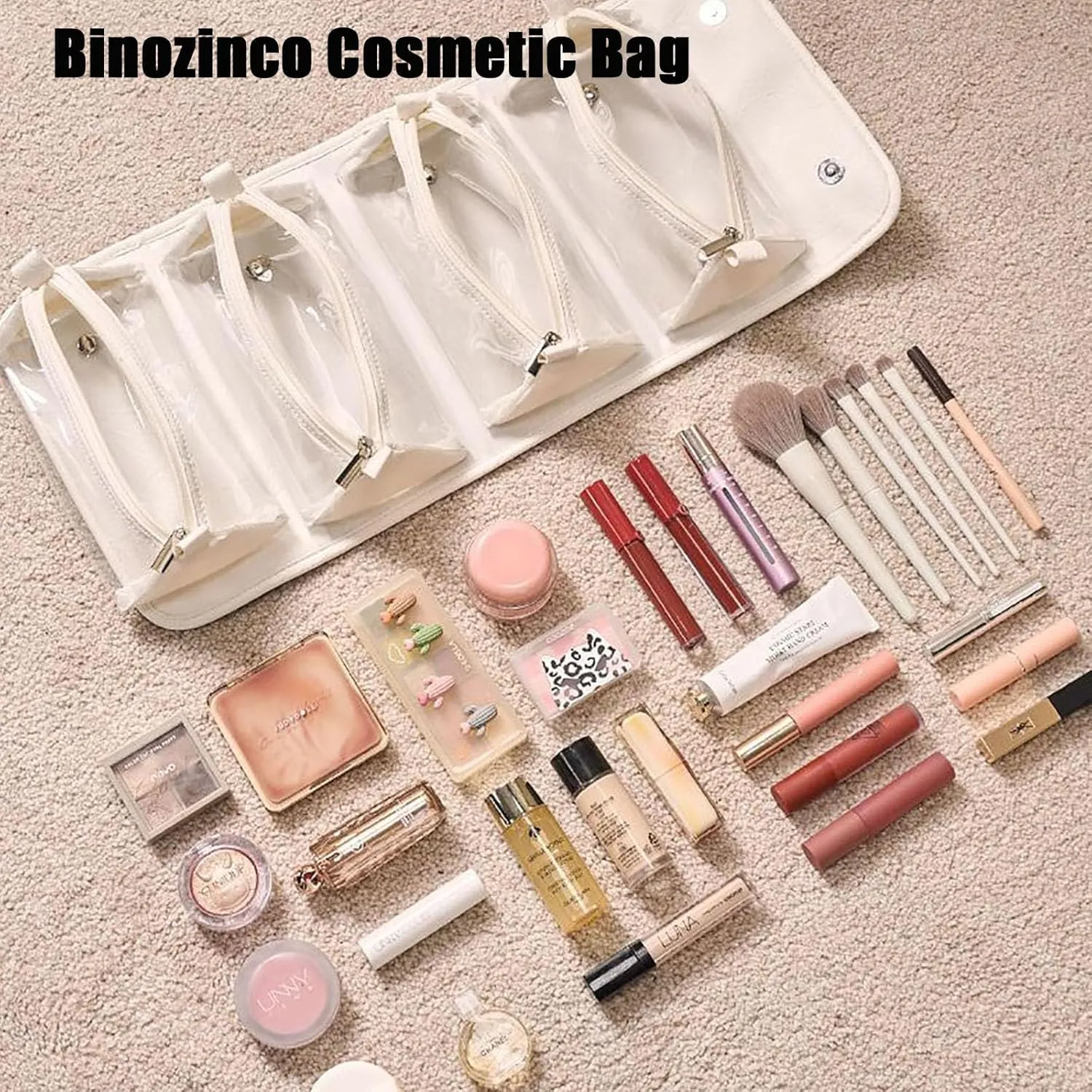 Binozinco Cosmetic Bag, Leather Waterproof Cosmetic Bag Detachable 4 In 1, Large Capacity Cosmetic Travel Bag for Women, Roll Up Portable Makeup Bag with Divider and Handle for Makeup Nail (Pink)