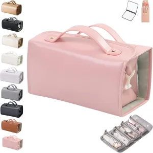 Binozinco Cosmetic Bag, Leather Waterproof Cosmetic Bag Detachable 4 In 1, Large Capacity Cosmetic Travel Bag for Women, Roll Up Portable Makeup Bag with Divider and Handle for Makeup Nail (Pink)