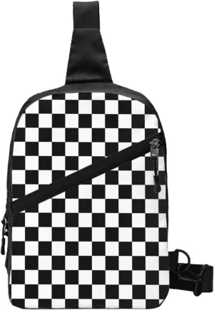 Black and White Checkered Race Flag Portable Sling Bags Packable Crossbody Bag Foldable Sport Daypack Reusable Shoulder Backpack Diagonally Chest Bag for Workout Travel