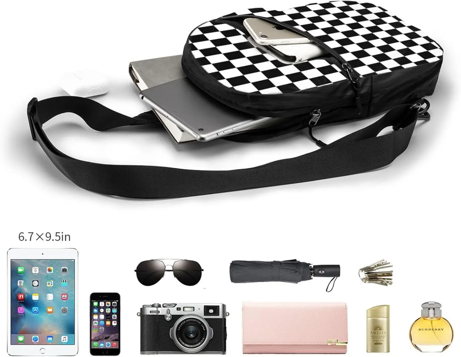 Black and White Checkered Race Flag Portable Sling Bags Packable Crossbody Bag Foldable Sport Daypack Reusable Shoulder Backpack Diagonally Chest Bag for Workout Travel