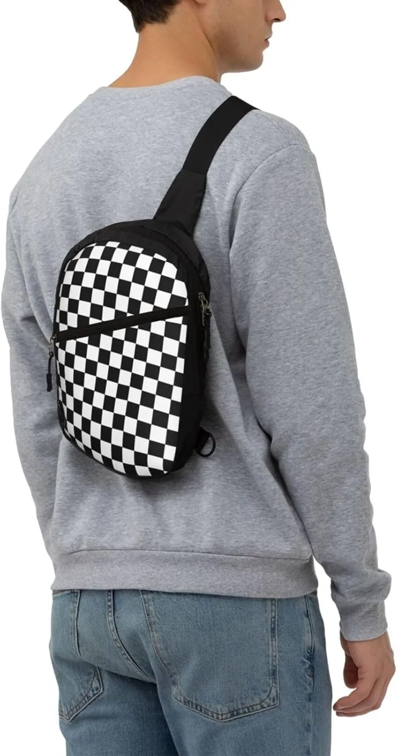Black and White Checkered Race Flag Portable Sling Bags Packable Crossbody Bag Foldable Sport Daypack Reusable Shoulder Backpack Diagonally Chest Bag for Workout Travel