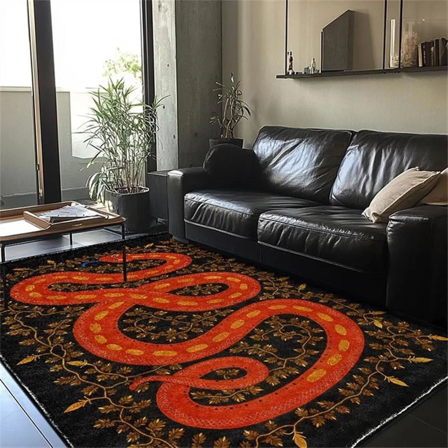 Black Boho Snake Runner Rugs for Kitchen Bedroom Hallway 2×6ft Washable Animal Snake Area Rug Non Skid Indoor Home Decor Floor Mats