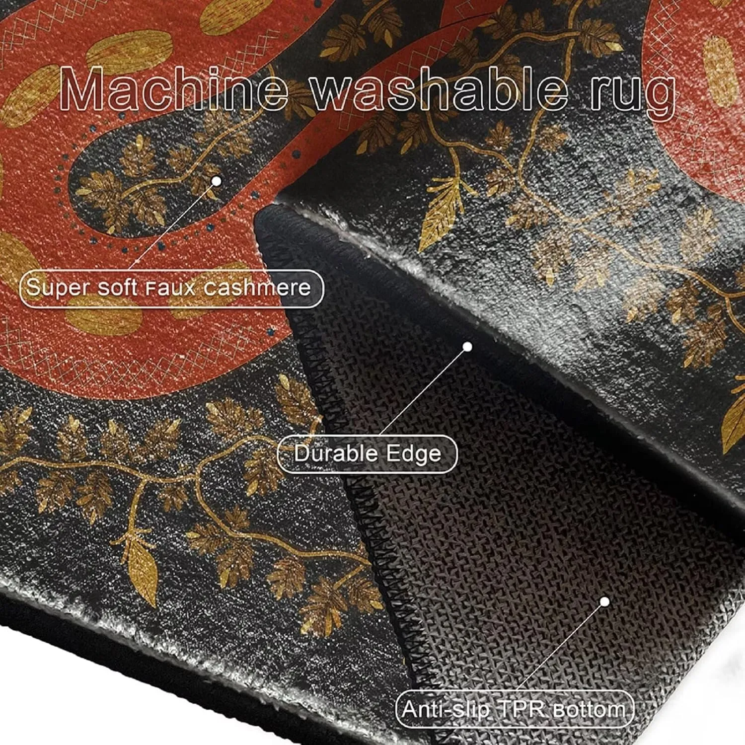 Black Boho Snake Runner Rugs for Kitchen Bedroom Hallway 2×6ft Washable Animal Snake Area Rug Non Skid Indoor Home Decor Floor Mats