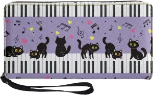 Black Cat Piano Keyboard Purple Long Wallet PU Leather RFID Blocking Coin Purse Card Case Wallet Phone Clutch Handbag Zipper Purse Travel Shopping Purse