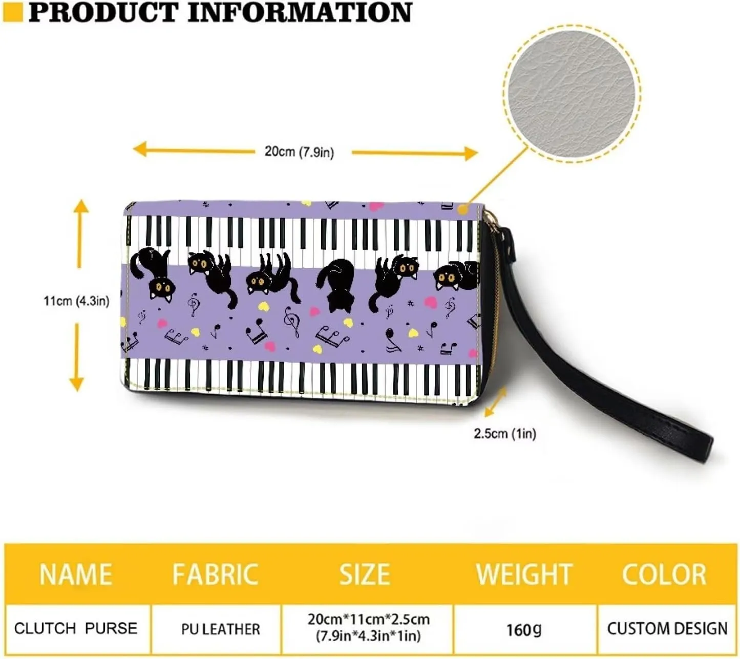 Black Cat Piano Keyboard Purple Long Wallet PU Leather RFID Blocking Coin Purse Card Case Wallet Phone Clutch Handbag Zipper Purse Travel Shopping Purse