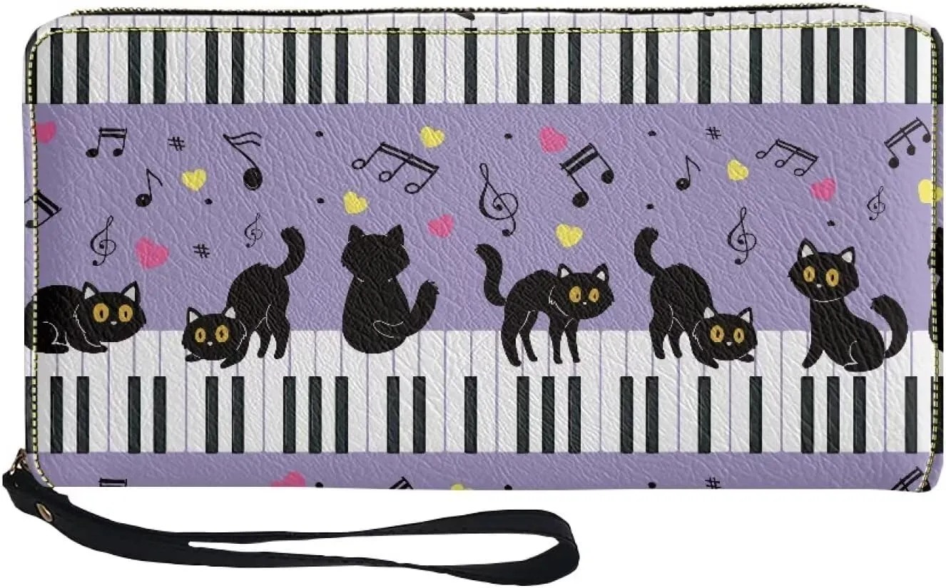Black Cat Piano Keyboard Purple Long Wallet PU Leather RFID Blocking Coin Purse Card Case Wallet Phone Clutch Handbag Zipper Purse Travel Shopping Purse