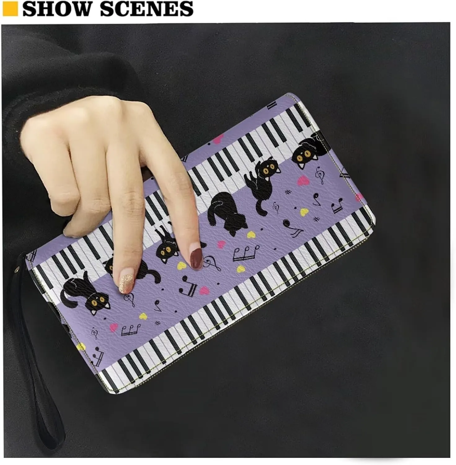 Black Cat Piano Keyboard Purple Long Wallet PU Leather RFID Blocking Coin Purse Card Case Wallet Phone Clutch Handbag Zipper Purse Travel Shopping Purse