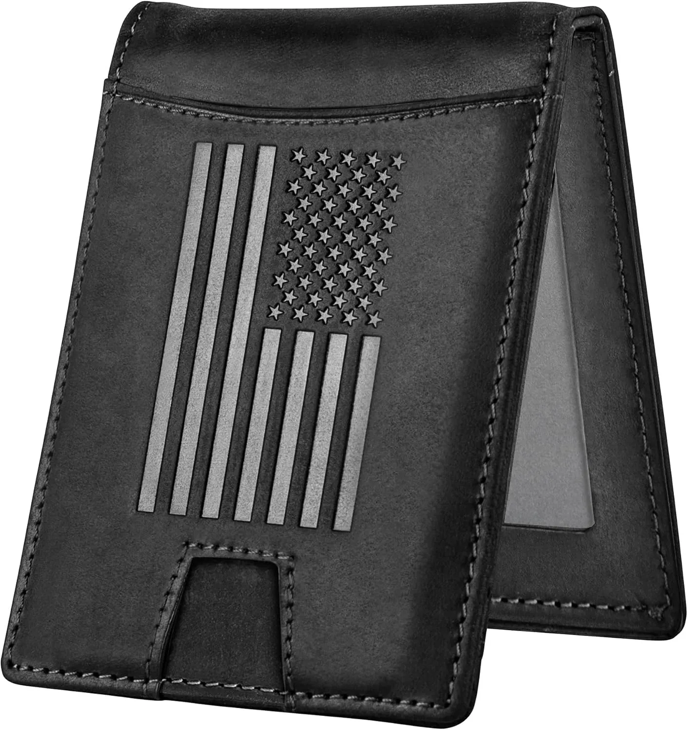 Black Crazy Horse Leather Bi-Fold Card Holder with Money Clip Black American Flag Wallet
