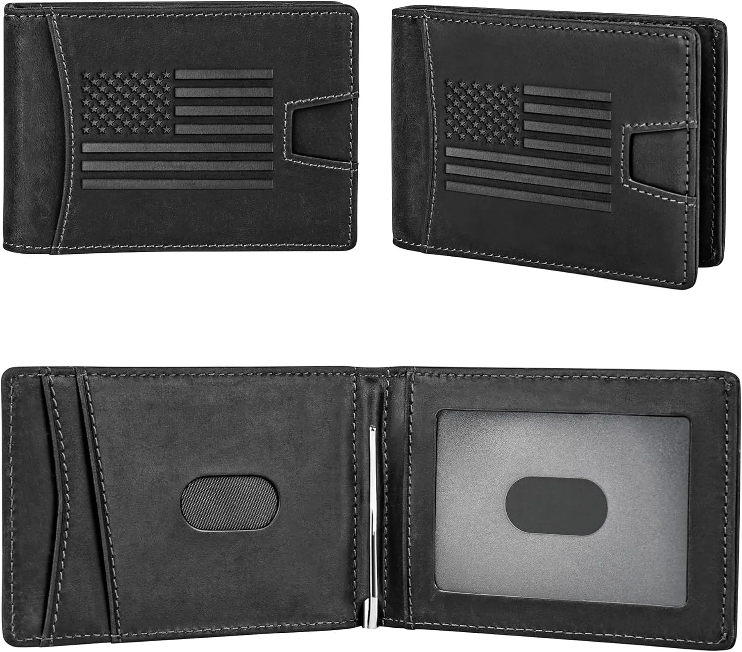 Black Crazy Horse Leather Bi-Fold Card Holder with Money Clip Black American Flag Wallet