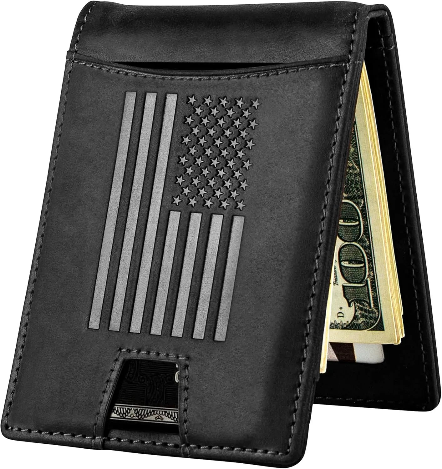 Black Crazy Horse Leather Bi-Fold Card Holder with Money Clip Black American Flag Wallet