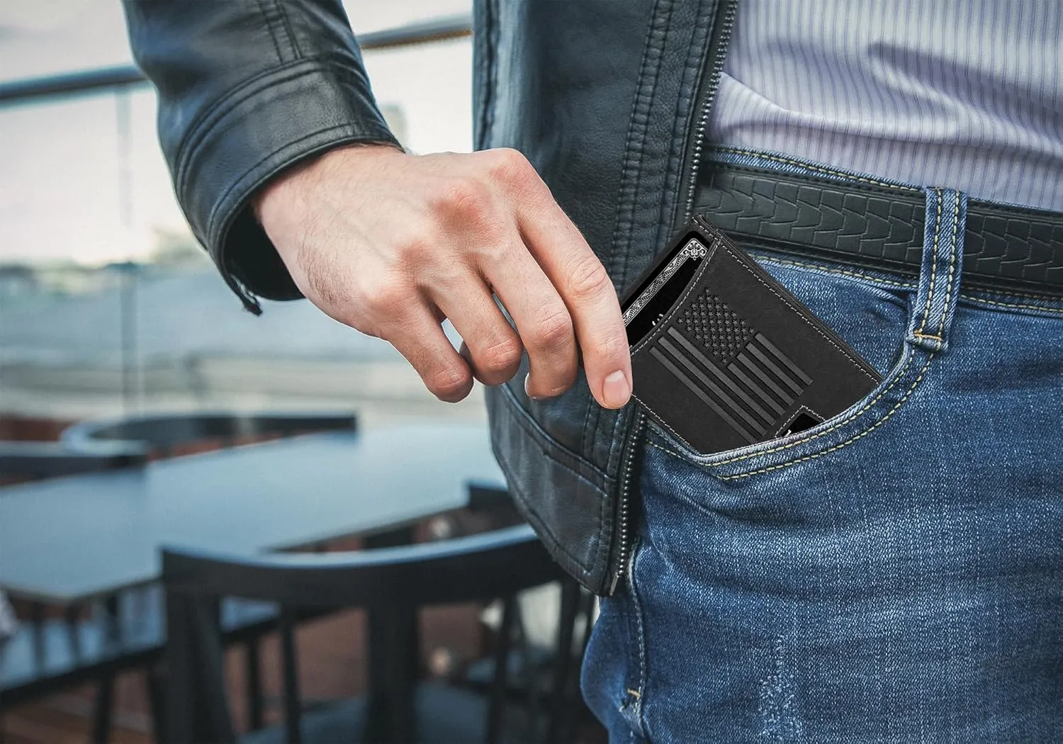 Black Crazy Horse Leather Bi-Fold Card Holder with Money Clip Black American Flag Wallet