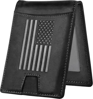 Black Crazy Horse Leather Bi-Fold Card Holder with Money Clip Black American Flag Wallet