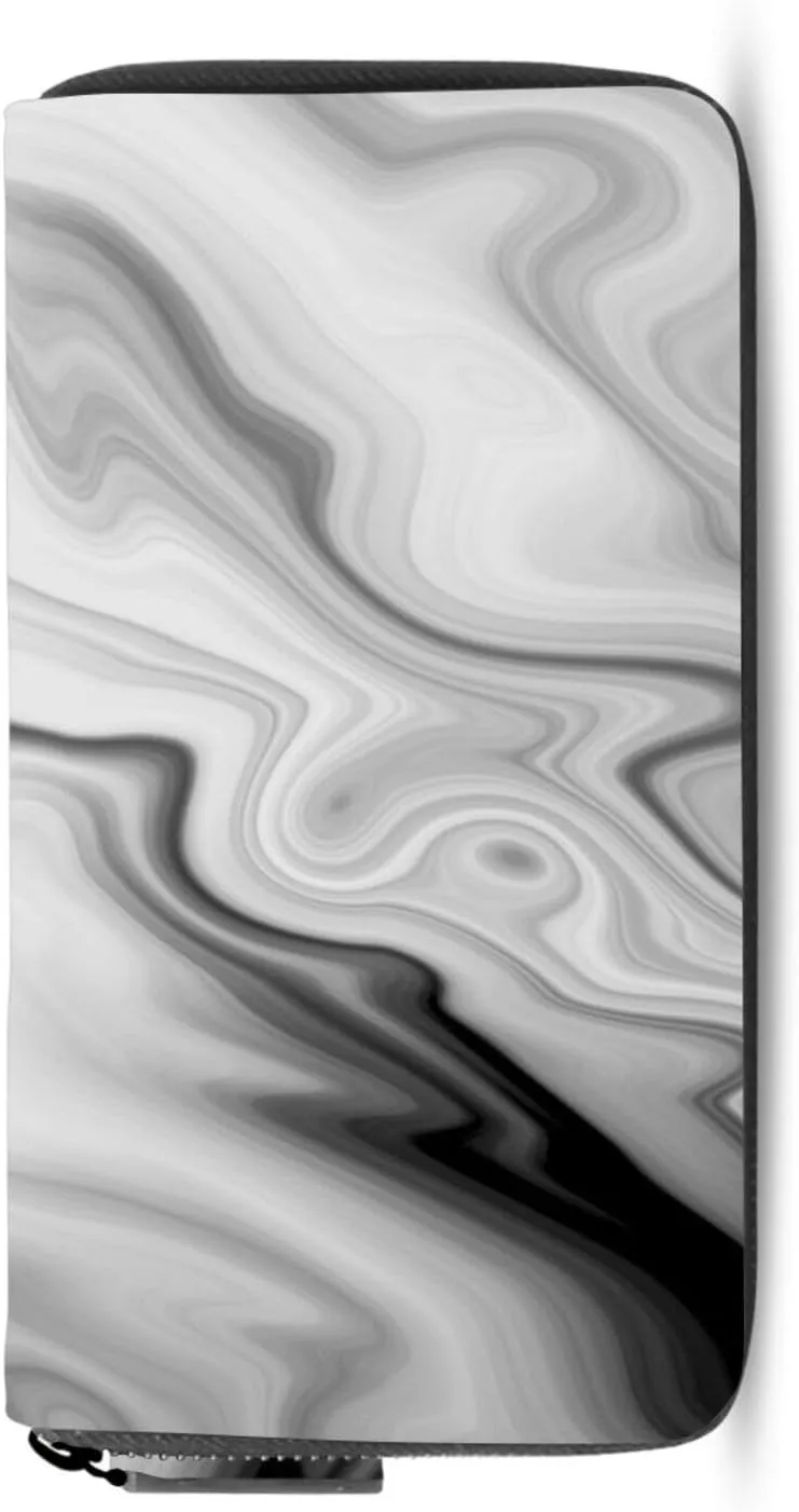 Black White Liquid Marble Agate Slab Paint Pastel Macro Wavy Leather Long Wallet Organizer with Zipper Purse Clutch Bag for Women Men Key Card Coin Passport Checkbook 8 x 4 inch