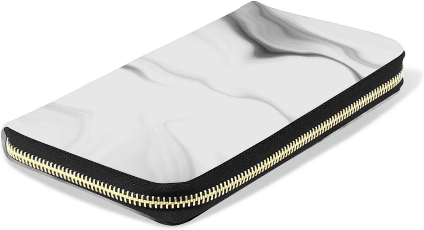 Black White Liquid Marble Agate Slab Paint Pastel Macro Wavy Leather Long Wallet Organizer with Zipper Purse Clutch Bag for Women Men Key Card Coin Passport Checkbook 8 x 4 inch