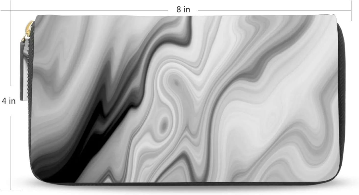 Black White Liquid Marble Agate Slab Paint Pastel Macro Wavy Leather Long Wallet Organizer with Zipper Purse Clutch Bag for Women Men Key Card Coin Passport Checkbook 8 x 4 inch