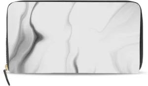 Black White Liquid Marble Agate Slab Paint Pastel Macro Wavy Leather Long Wallet Organizer with Zipper Purse Clutch Bag for Women Men Key Card Coin Passport Checkbook 8 x 4 inch